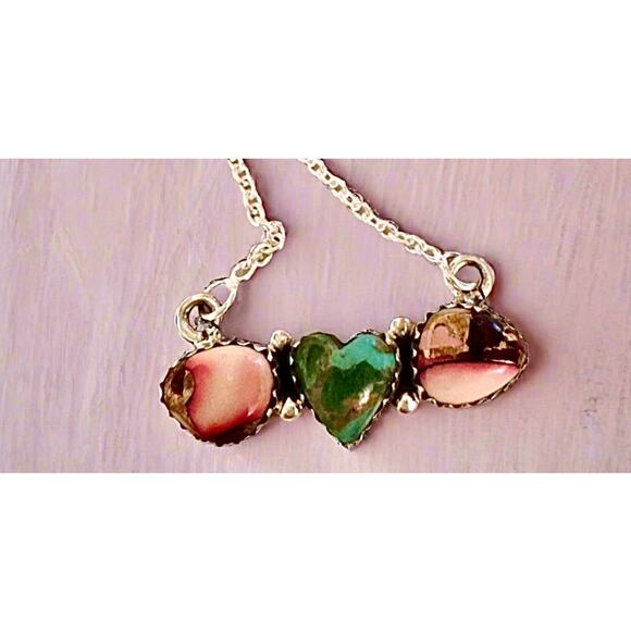 Sonoran Gold Turquoise & Rose Dahlia Heart Necklace 16-18” - Picture 1 of 8